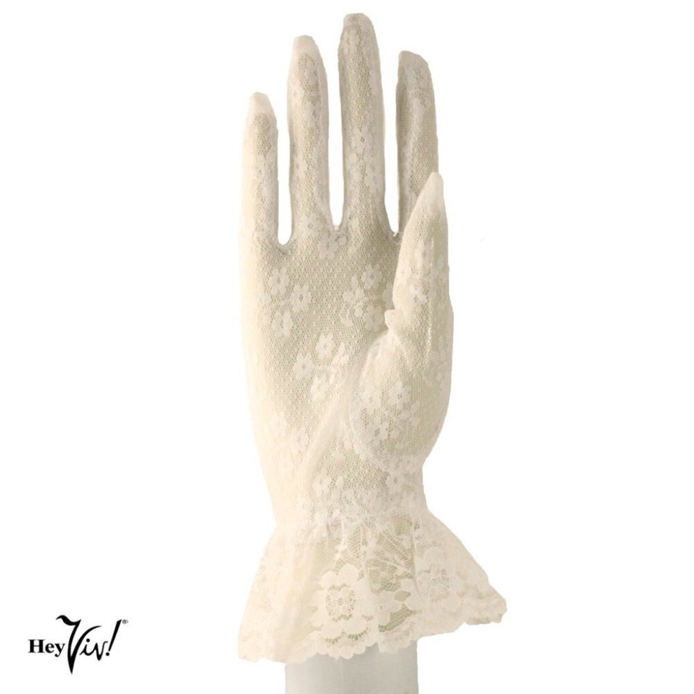 Ivory Lace Gloves Wrist Length w Ruffle Dressy Weddings Party Bridal Prom
